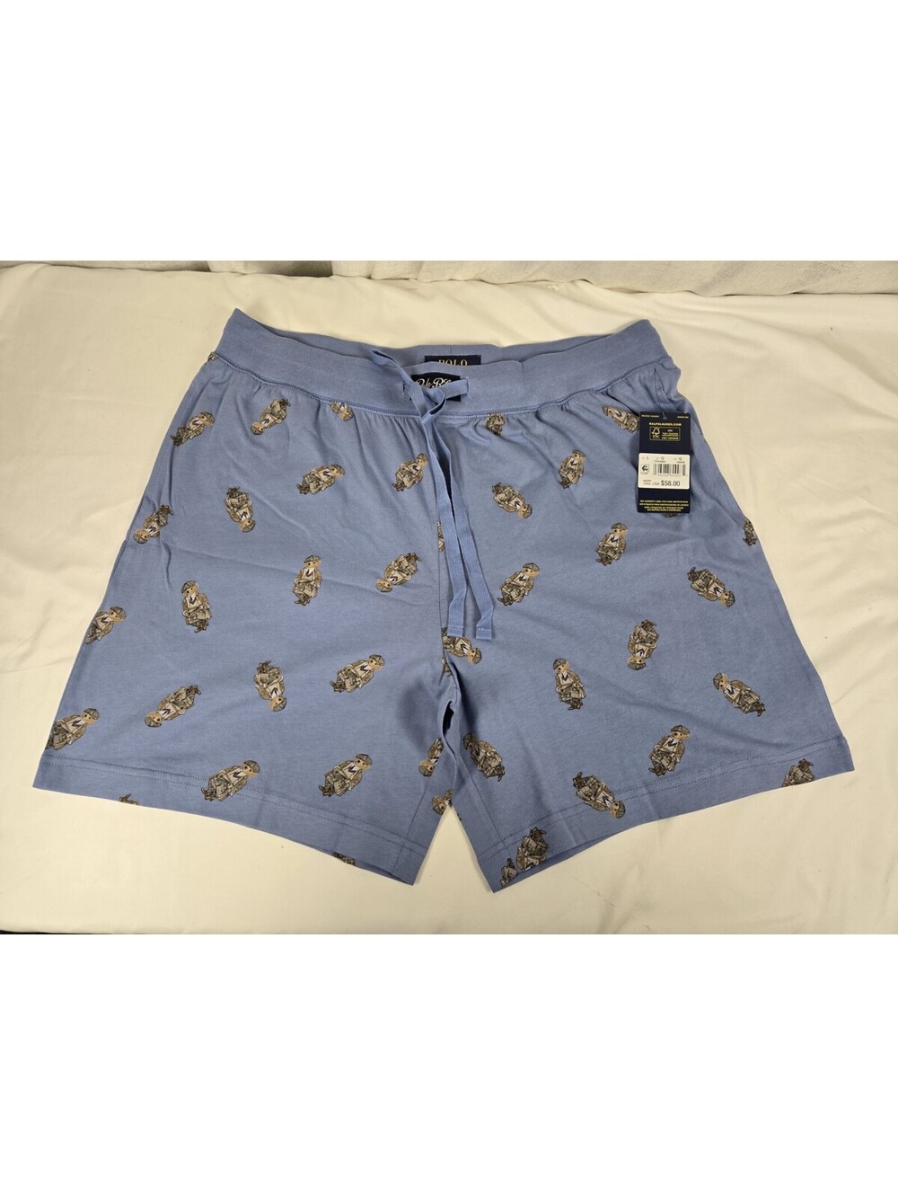 New Polo Ralph Lauren Blue Polo Bear Logo Jersey Sleep Lounge Shorts Mens Large